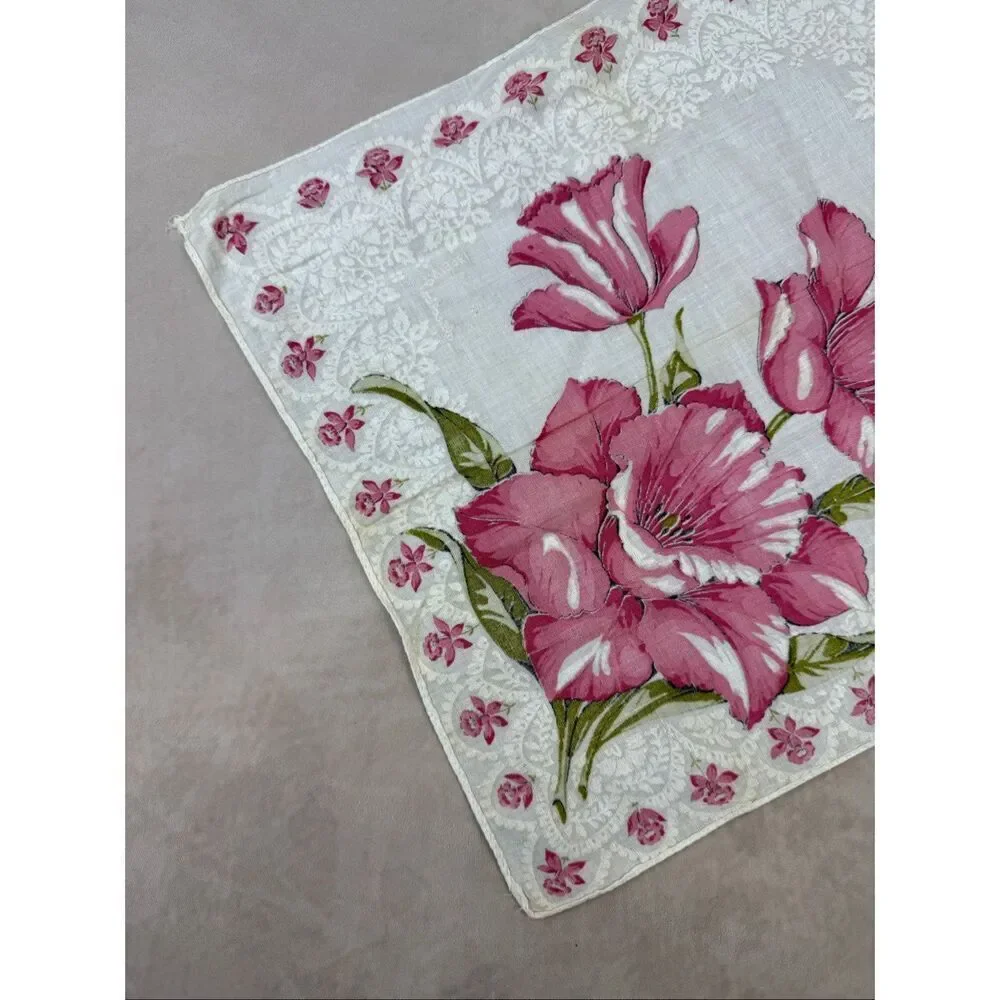 Vintage 1950s Pink Floral Hankie Handkerchief READ